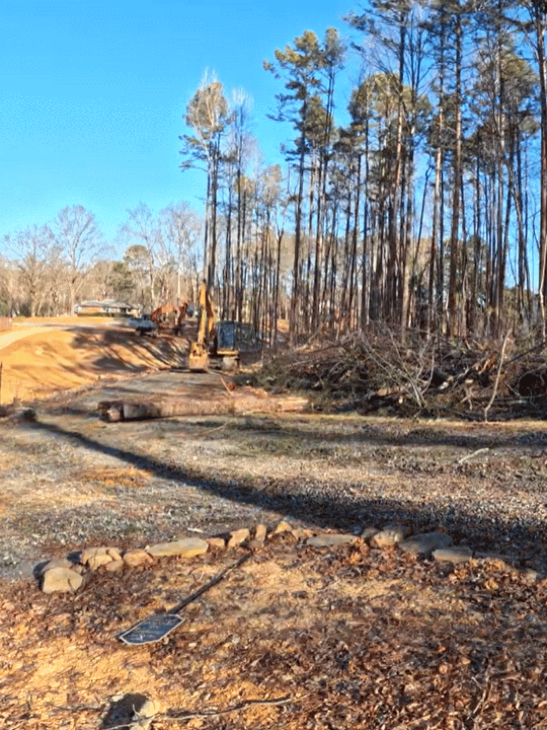 Geotextile fabric covering sand base in cleared forest area.